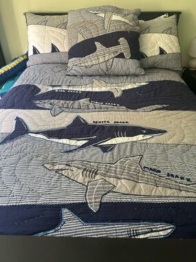 Pottery Barn Kids Navy, Gray and White Shark Patchwork Comforter Set